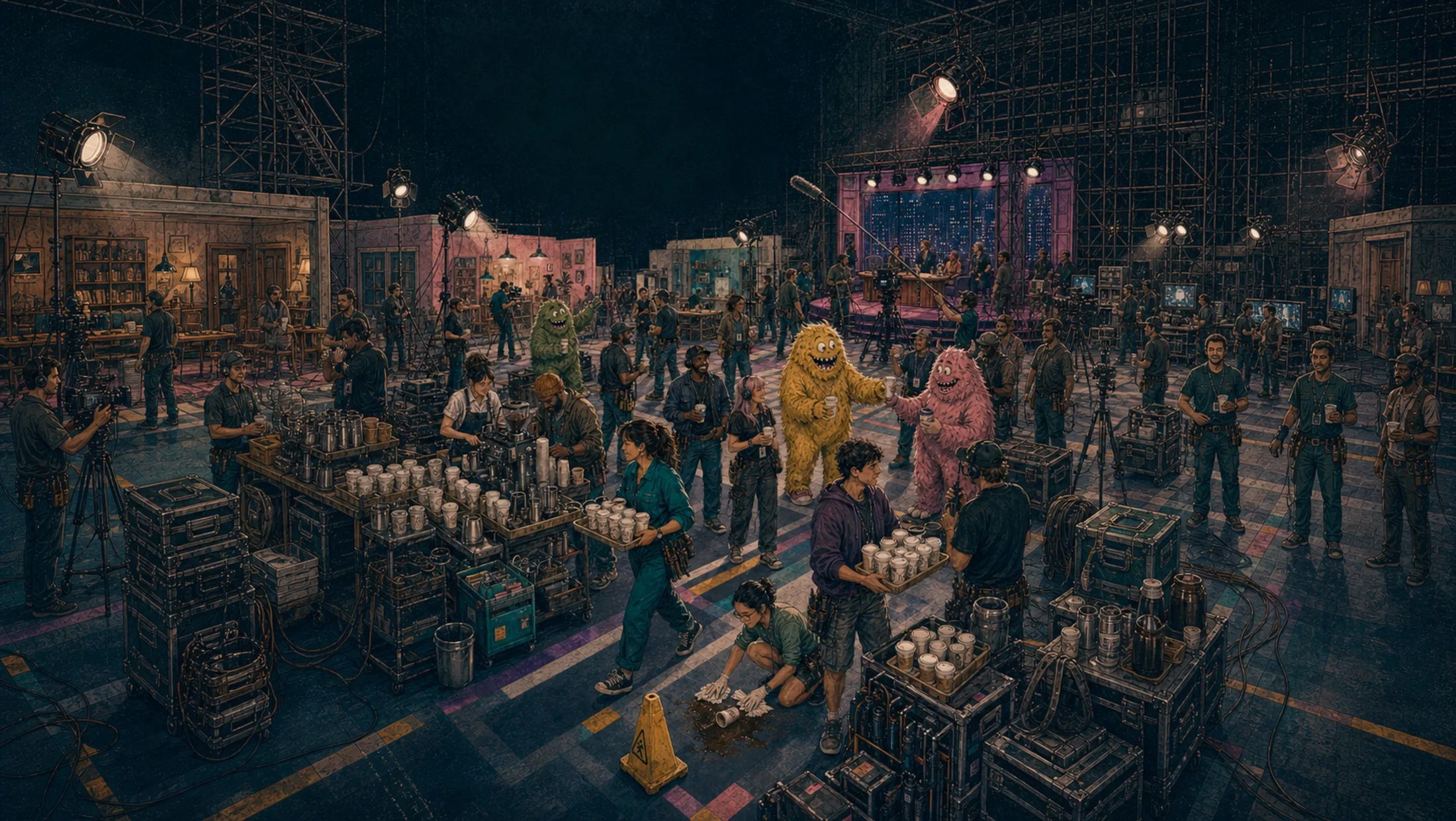 Film crew gathering at craft services on a night shoot